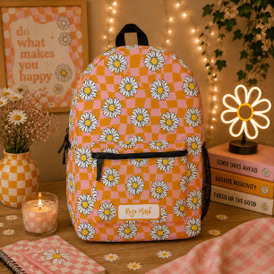 Psychedelic Groovy Daisy Chequerboard, Y2K 90s Printed Backpack