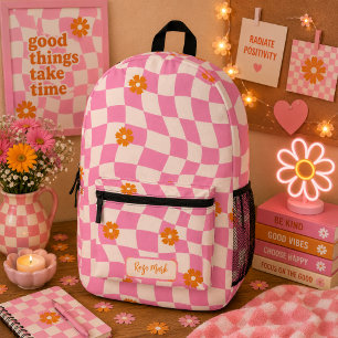 Psychedelic Groovy Daisy Chequerboard, Y2K 90s Printed Backpack