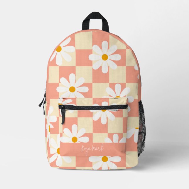 Psychedelic Groovy Daisy Floral Chequerboard  Printed Backpack (Front)