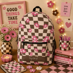 Psychedelic Groovy Floral Chequerboard, Y2K 90s Printed Backpack