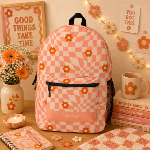 Psychedelic Groovy Floral Chequerboard, Y2K 90s Printed Backpack