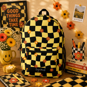 Psychedelic Groovy Floral Chequerboard, Y2K 90s Printed Backpack