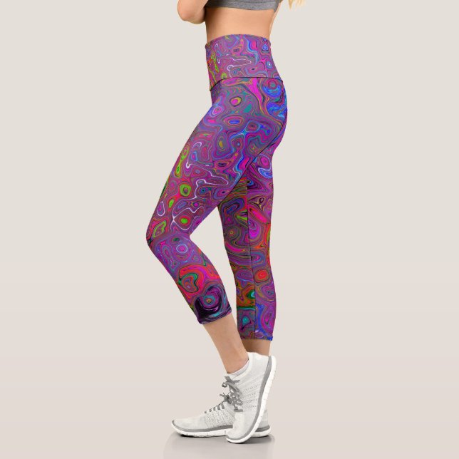 Psychedelic Groovy Magenta Retro Liquid Swirl Capri Leggings (Left)