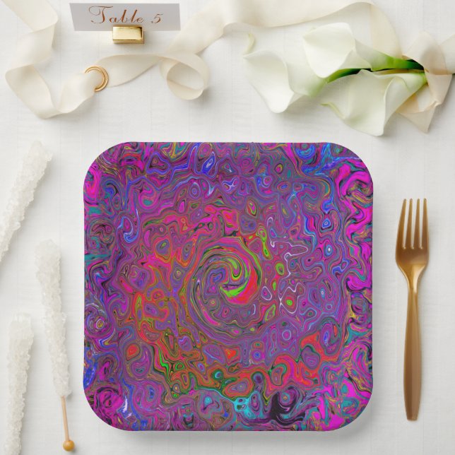 Psychedelic Groovy Magenta Retro Liquid Swirl Paper Plate (Wedding)