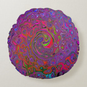 Psychedelic Groovy Magenta Retro Liquid Swirl Round Pillow