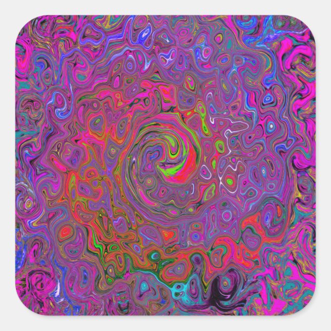 Psychedelic Groovy Magenta Retro Liquid Swirl Square Sticker (Front)