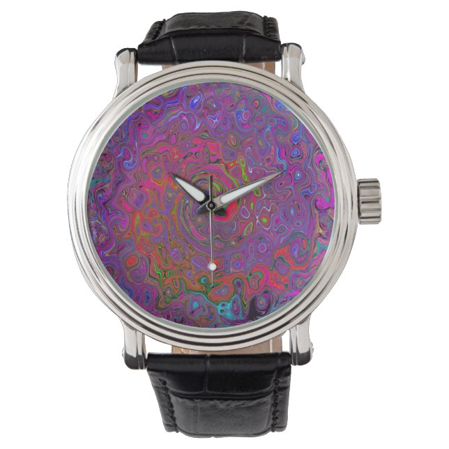 Psychedelic Groovy Magenta Retro Liquid Swirl Watch (Front)