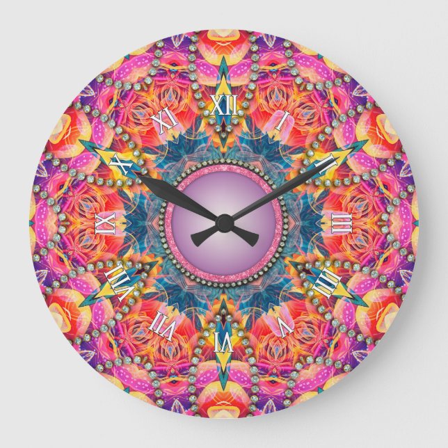 Psychedelic Groovy Pink Love Glam Mandala Large Clock (Front)