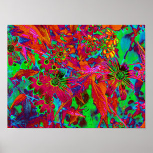 Psychedelic Groovy Red and Green Wildflowers Poster
