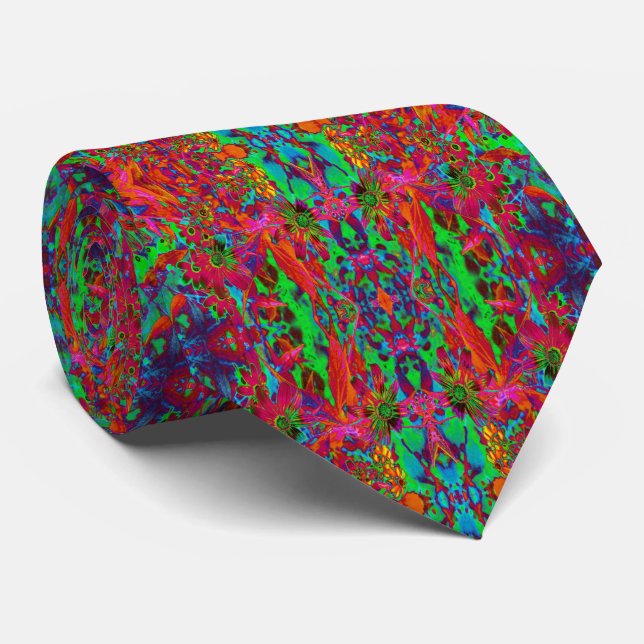 Psychedelic Groovy Red and Green Wildflowers Tie (Rolled)