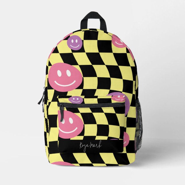 Psychedelic Groovy Smiley Chequerboard, Y2K 90s Printed Backpack (Front)