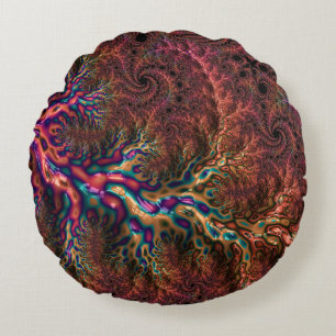 Psychedelic Groovy Trippy Funky Colourful Fractal Round Pillow