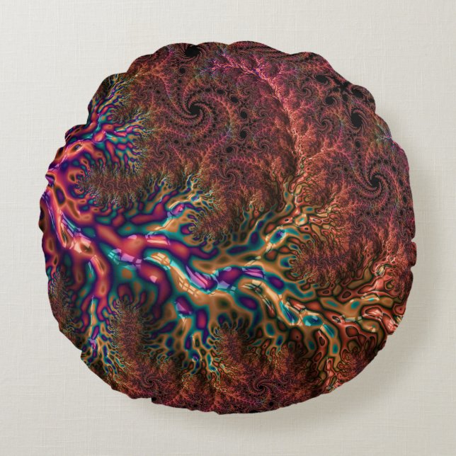 Psychedelic Groovy Trippy Funky Colourful Fractal Round Pillow (Front)