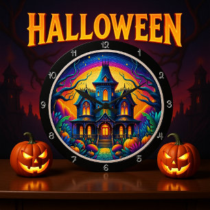 Psychedelic Haunted Castle Night Scene Large Clock