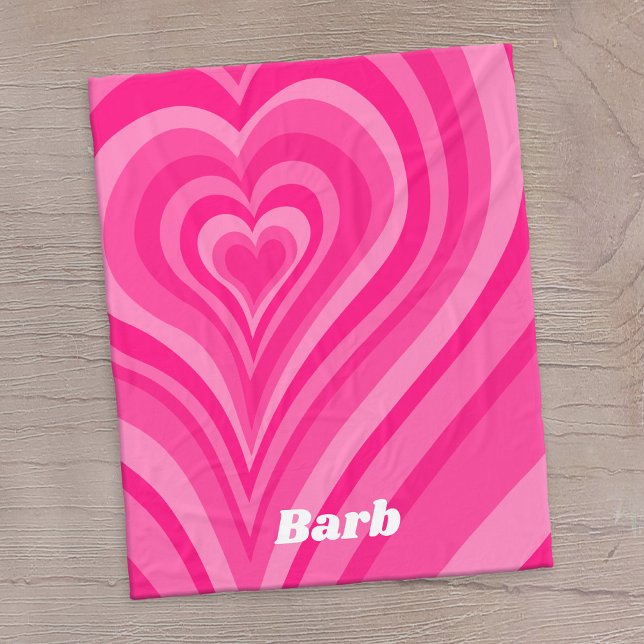 Psychedelic Hearts Calligraphy with Name Pinks Fleece Blanket (A fun hot pink heart design with a place to add a name in a retro font.)