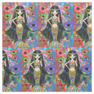 Psychedelic Hippie Chick Mermaid Peace Sign Groovy Fabric