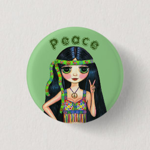 Psychedelic Hippie Chick Peace Sign Headband 1960s 1 Inch Round Button