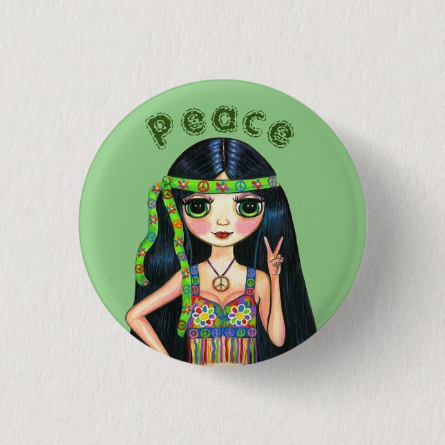 Psychedelic Hippie Chick Peace Sign Headband 1960s 1 Inch Round Button (Front)