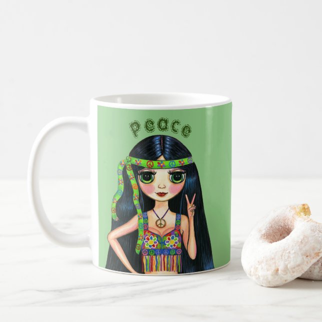 Psychedelic Hippie Chick Peace Sign Headband 1960s Coffee Mug (With Donut)