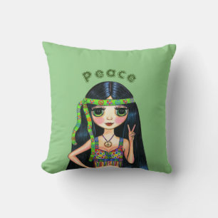 Psychedelic Hippie Chick Peace Sign Headband 1960s Throw Pillow