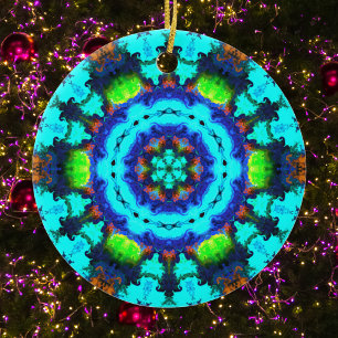 Psychedelic Hippie Flower Blue Orange and Green Ceramic Ornament