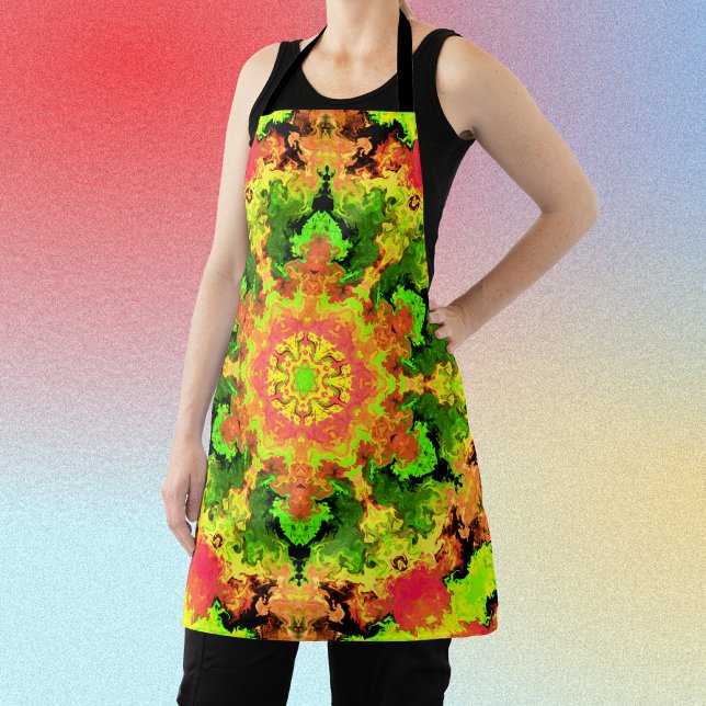 Psychedelic Hippie Flower Green Orange and Red Apron (Creator Uploaded)