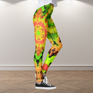 Psychedelic Hippie Flower Green Orange and Red Leggings