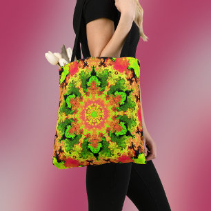 Psychedelic Hippie Flower Green Orange and Red Tote Bag