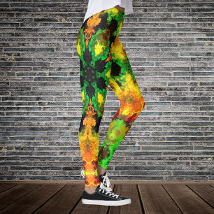 Psychedelic Hippie Flower Green Orange and Yellow Leggings