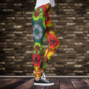 Psychedelic Hippie Flower Green Red and Orange Leggings
