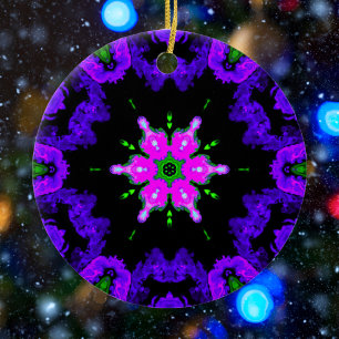 Psychedelic Hippie Flower Pink Purple and Green Ceramic Ornament