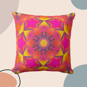 Psychedelic Hippie Flower Pink Purple and Yellow Throw Pillow