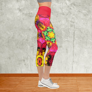 Psychedelic Hippie Flower Pink Yellow and Green Le Capri Leggings