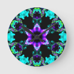 Psychedelic Hippie Flower Purple Teal and Black Round Clock