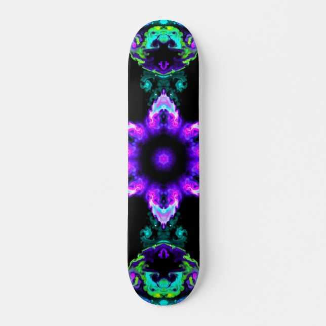 Psychedelic Hippie Flower Purple Teal and Black Skateboard (Front)
