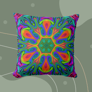 Psychedelic Hippie Flower Rainbow Throw Pillow