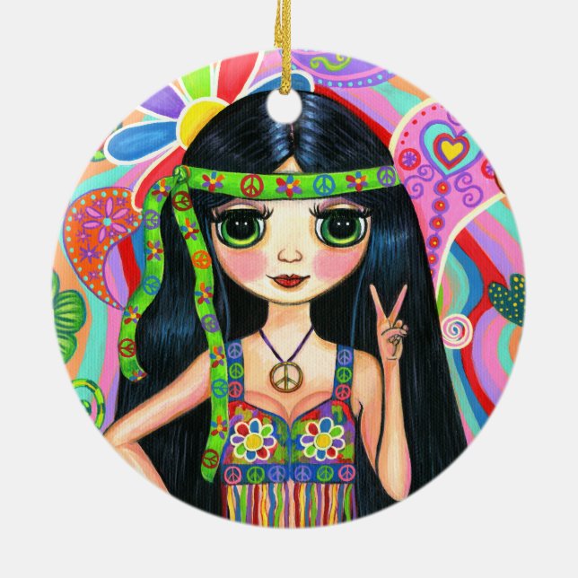 Psychedelic Hippie Girl Headband Peace Sign 1960s Ceramic Ornament (Back)