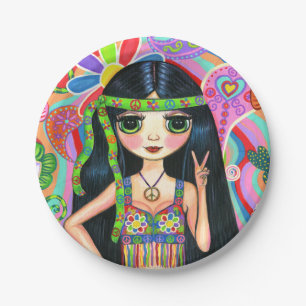 Psychedelic Hippie Girl Headband Peace Sign 1960s Paper Plate