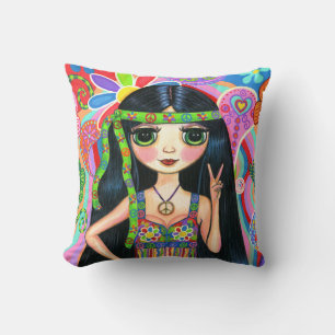 Psychedelic Hippie Girl Headband Peace Sign 1960s Throw Pillow
