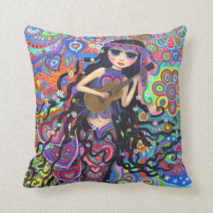 Psychedelic Hippie Mermaid Girl Playing Guitar Throw Pillow