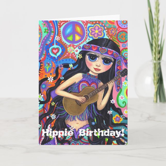 Psychedelic Hippie Mermaid Girl with Guitar Peace Card (Front)