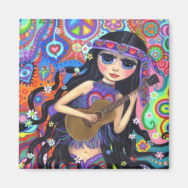 Psychedelic Hippie Mermaid Girl with Guitar Peace Magnet (Front)