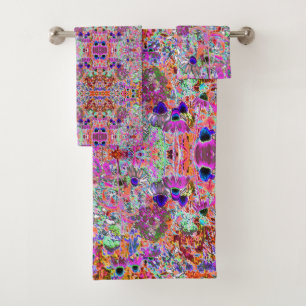 Psychedelic Hot Pink and Lime Green Garden Flowers Bath Towel Set