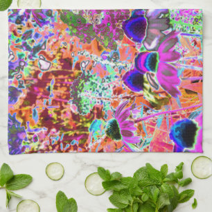 Psychedelic Hot Pink and Lime Green Garden Flowers Kitchen Towel