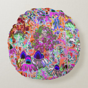Psychedelic Hot Pink and Lime Green Garden Flowers Round Pillow