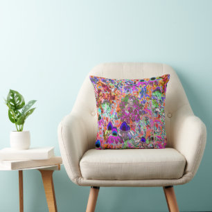 Psychedelic Hot Pink and Lime Green Garden Flowers Throw Pillow