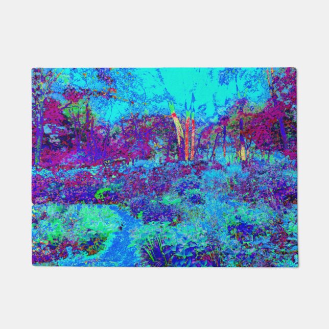 Psychedelic Impressionistic Blue Garden Landscape Doormat (Front)