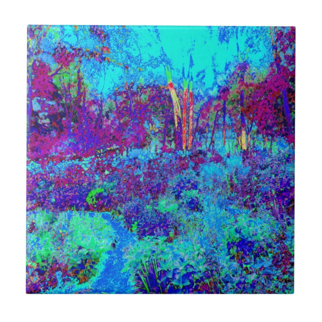 Psychedelic Impressionistic Blue Garden Landscape Tile (Front)