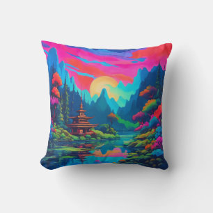 Psychedelic Japanese Landscape Art Throw Pillow