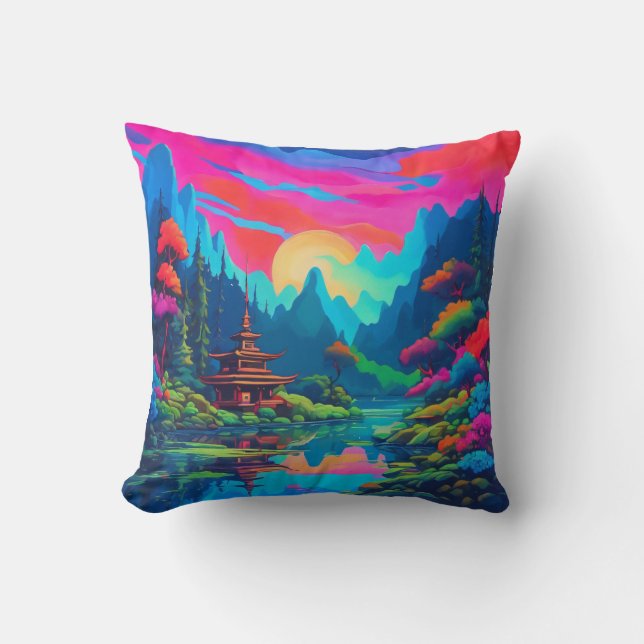 Psychedelic Japanese Landscape Art Throw Pillow (Front)